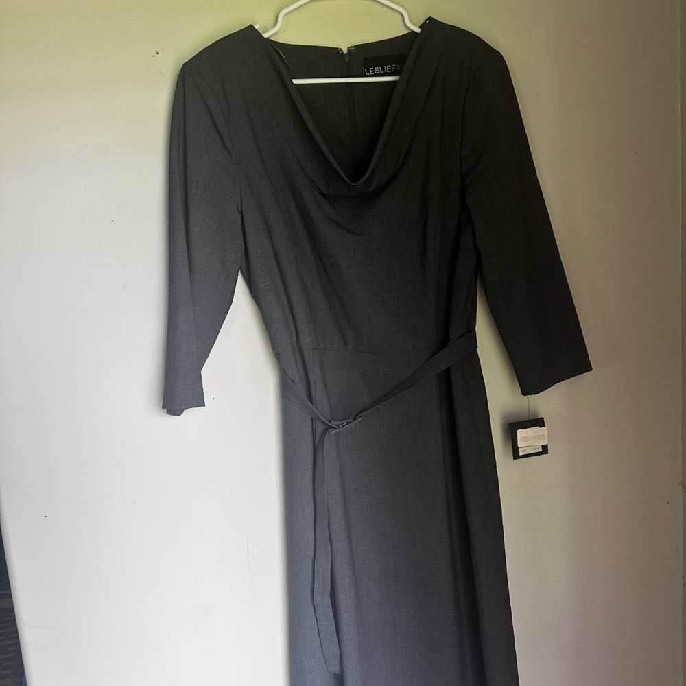 Leslie Fay Gray Sheath Dress with Cowl Neck and 3/4 Sleeves